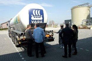 Talking about fertiliser safety next to a Yara tanker
