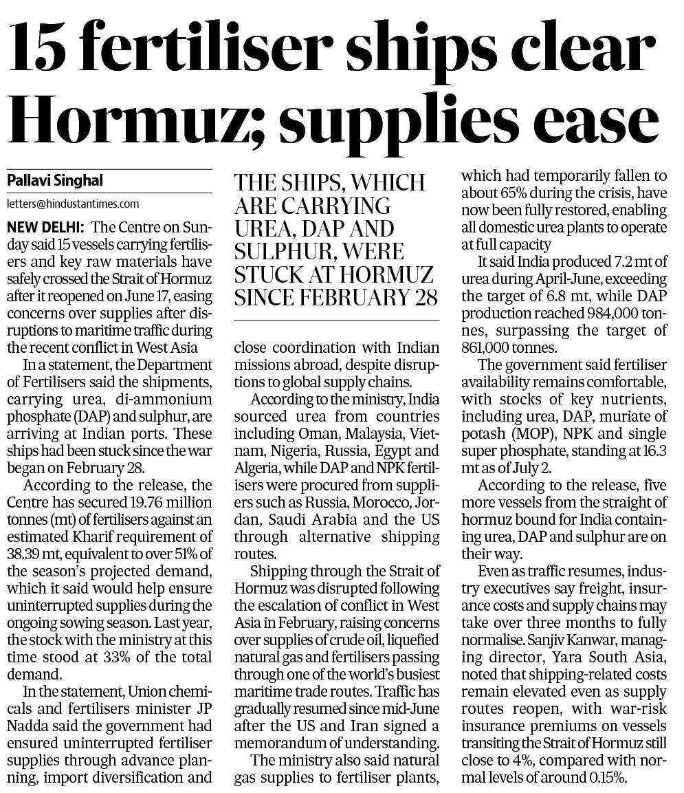 Centre says 15 fertiliser ships have cleared Hormuz, easing Kharif supply concerns